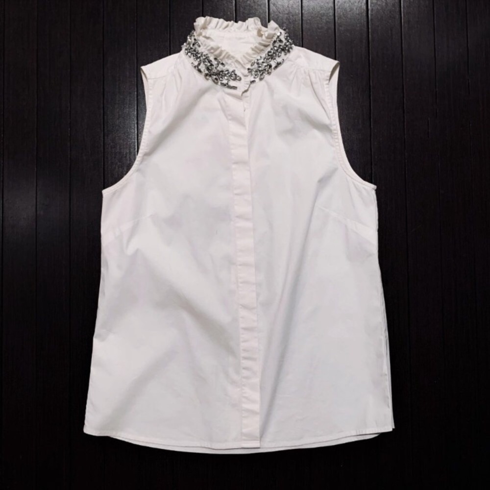 Brand New J. Crew White Tilda Oxford Sleeveless Top with Rhinestone Collar